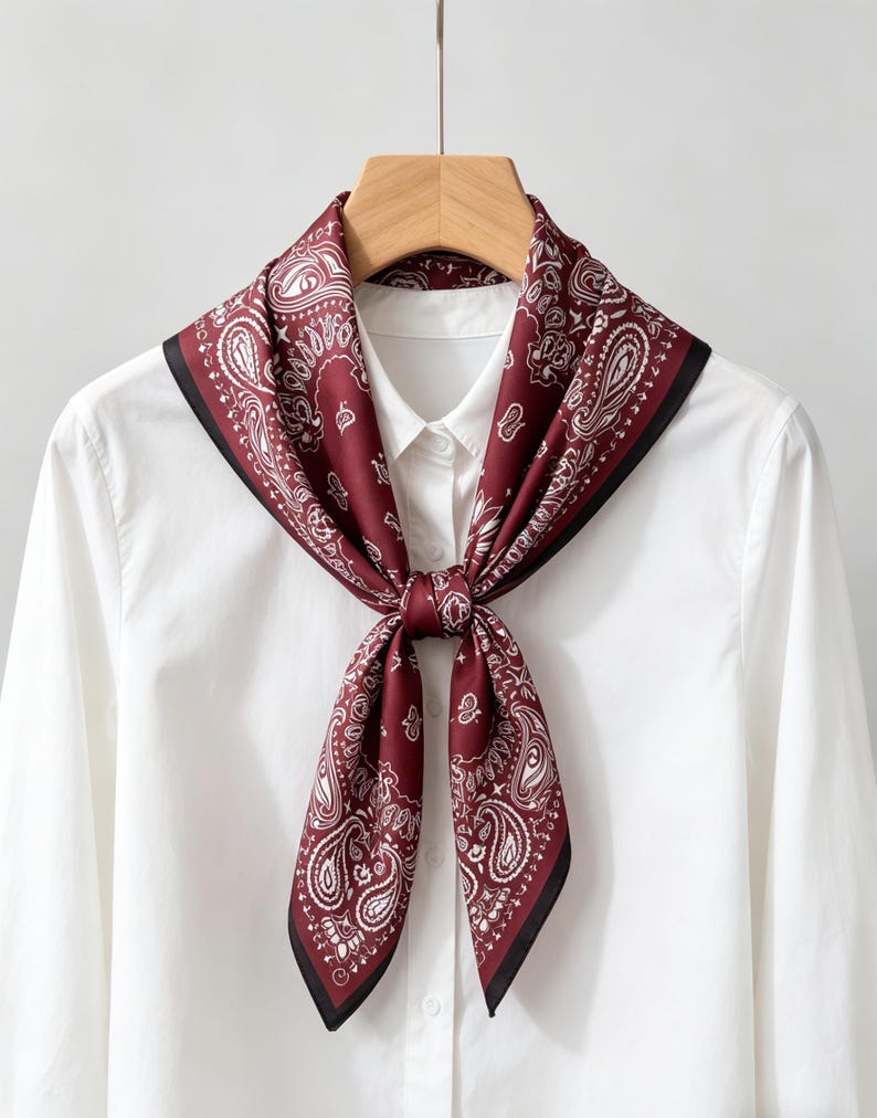 May include: A square scarf featuring a deep burgundy background with a white paisley pattern and a thin black border. The scarf is tied in a simple knot at the center and is draped over a crisp white collared button-down shirt on a wooden hanger.