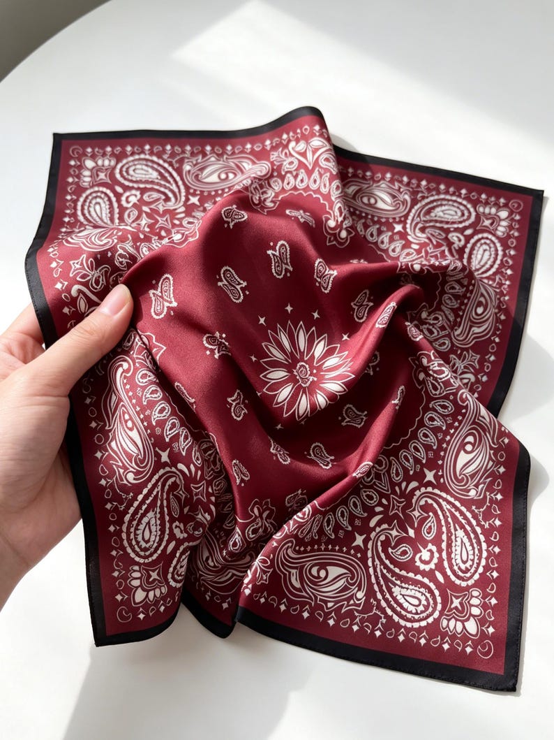 May include: A square scarf in deep burgundy with a white paisley pattern and a central floral motif. The fabric has a smooth, satin-like finish and is framed by a solid black border along all four edges, creating a distinct contrast in color.