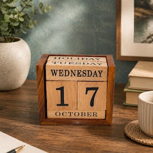 Może przedstawiać: Wieczny kalendarz biurkowy wykonany z drewna, z ciemnobrązową ramką i jasnymi drewnianymi klockami. Klocki prezentują napis "HOLIDAY", "TUESDAY", "WEDNESDAY", liczbę "17" oraz miesiąc "OCTOBER" czcionką szeryfową w kolorze czarnym.
