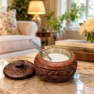 Açucareiro artesanal de madeira esculpida, recipiente de armazenamento para cozinha, decoração rústica de mesa.