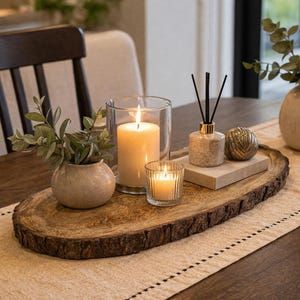 May include: An oval wooden tray with natural bark edges holding a beige ceramic vase with green foliage, a large pillar candle in a glass cylinder, a small ribbed glass votive candle, a stone-textured reed diffuser, and a metallic sphere.
