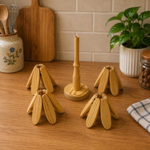 Può includere: Un set di quattro sottopentola in legno marrone chiaro, ciascuno caratterizzato da una serie di listelli ovali scanalati collegati che si ripiegano, accompagnato da un supporto verticale in legno abbinato con base circolare per riporli.