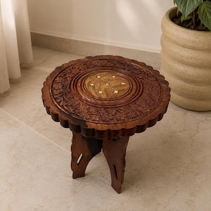 Hand Carved Wooden Stool Rustic Side Table Small End Table Plant Stand Mini Coffee Table Handmade Wood Pedestal Farmhouse Decor