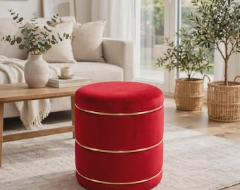 Handmade Wooden Velvet Ottoman Stool Round Pouf with Metallic Accent for Dressing Bedroom Living Room Luxury Modern Decor Gift