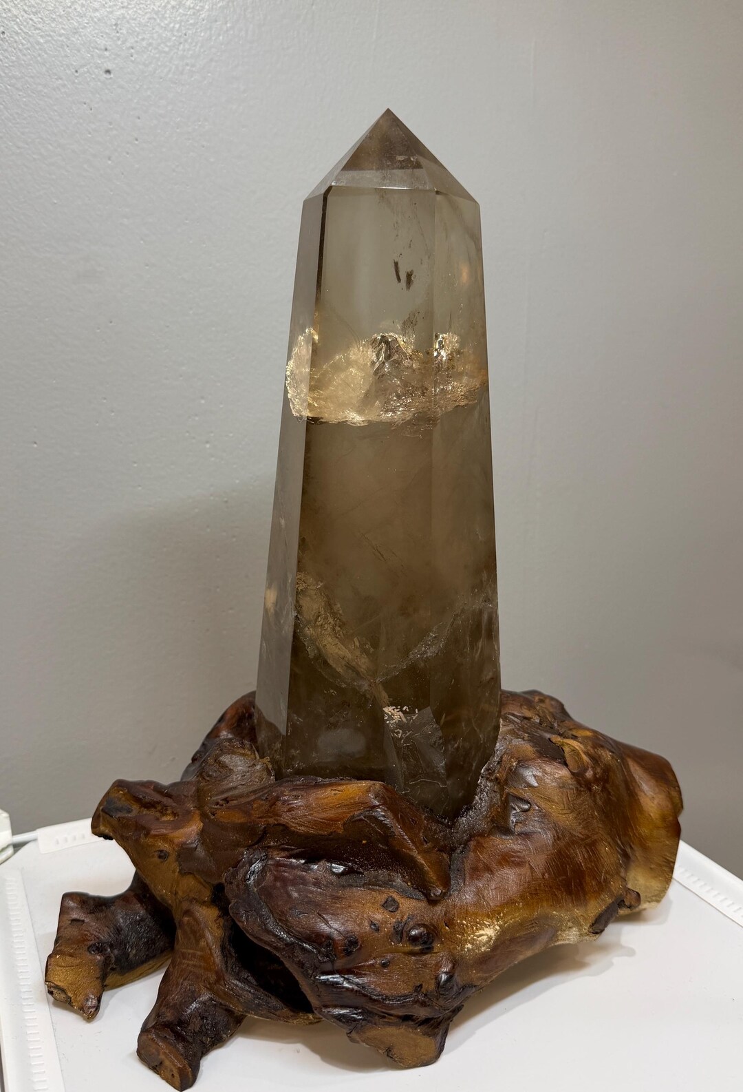 Quartz Root Tips Large Polished Smoky Quartz Point β Natural Root Wood Base Home Decor ...