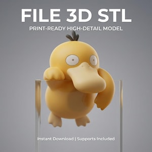 May include: A 3D model of a Psyduck character, rendered in a soft yellow color. The model has a large, duck-like bill and small, black tufts of hair. Text at the top reads "FILE 3D STL" and "PRINT-READY HIGH-DETAIL MODEL".