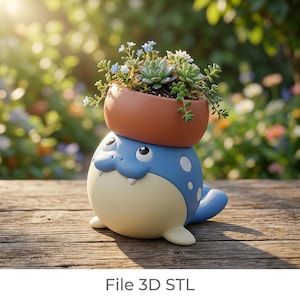 May include: A whimsical blue and cream-colored planter shaped like a cartoon character, topped with a terracotta pot filled with succulents and small blue flowers. The text "File 3D STL" is at the bottom.