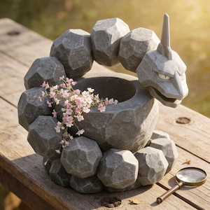 Può includere: Una scultura in pietra grigia di un personaggio dei Pokémon, con un anello di segmenti rocciosi collegati e una testa dettagliata. La scultura contiene un piccolo bouquet di fiori rosa. Una lente d'ingrandimento è appoggiata sulla superficie di legno.