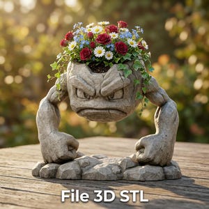 May include: A gray stone planter shaped like a character with an angry face, holding a pot of red roses, white daisies, and blue flowers. The planter rests on a stone base. The text "File 3D STL" is at the bottom.