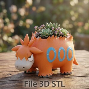 May include: Orange, dinosaur-shaped planter with blue accents and the number "000" on its side. The planter is filled with small succulents and purple flowers. The text "File 3D STL" is at the bottom.