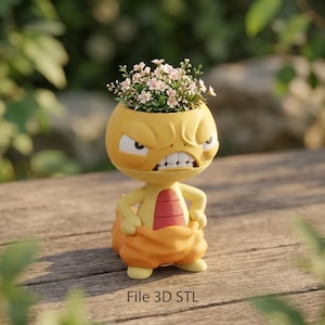 May include: A yellow, cartoon-like planter with an angry face, holding a small arrangement of pink flowers. The planter has a red and yellow torso and orange pants. The text "File 3D STL" is at the bottom.