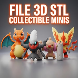 Könnte beinhalten: Eine Sammlung von vier farbenfrohen, sammelbaren Mini-Figuren. Die Figuren umfassen einen leuchtend orangefarbenen Drachen mit blauen Flügeln, eine dunkelgraue Figur mit weißem Kopf, eine hellbraune Figur mit rosa Akzenten und eine gelb-rote Figur. Der Text "FILE 3D STL COLLECTIBLE MINIS" steht oben.