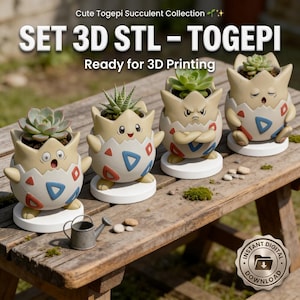 May include: A set of four Togepi-themed succulent planters, ready for 3D printing. Each planter features a unique expression and is painted in cream, red, blue, and white. The planters are arranged on a wooden surface with a small watering can.