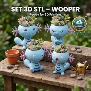 Wooper Pacchetto di file STL per vaso di piante grasse / Decorazione stampabile in 3D a tema creature acquatiche in stile chibi (download digitale)