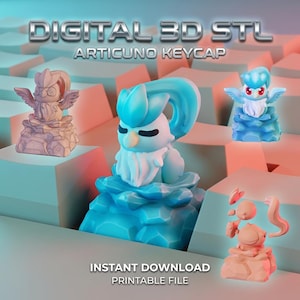 May include: Digital 3D STL Articuno keycap design. The image shows four different keycap designs of the Articuno character. The keycaps are in various colors, including blue, white, and pink. The text "Instant Download Printable File" is also visible.
