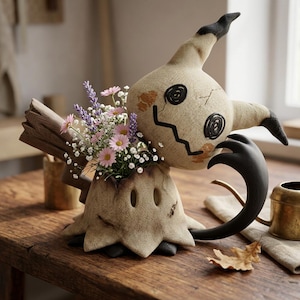 May include: A quirky Mimikyu-shaped vase, made from tan fabric, filled with a colourful arrangement of pink and purple flowers. The vase has black detailing and a stylized face, placed on a wooden table. A decorative item for the home.