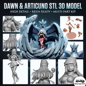 May include: A 3D model kit featuring Dawn and Articuno. The central image shows a detailed rendering of Dawn, a character, standing in front of Articuno, a bird-like creature. Additional images display model components. Text reads "DAWN & ARTICUNO STL 3D MODEL".