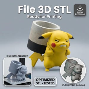 Puede incluir: Una figura amarilla de Pikachu con expresión enfadada, junto a una maceta de estilo hormigón. La imagen incluye el texto "File 3D STL Ready for Printing" y "Digital Download."