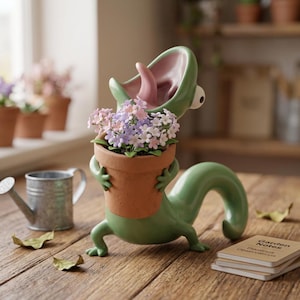 May include: A whimsical green lizard-shaped planter holding a terracotta pot filled with small pink and purple flowers. The lizard has a pink tongue and open mouth. A small metal watering can and a notepad are nearby.