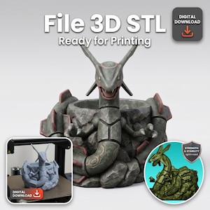 Pode incluir: Modelo impresso em 3D de uma criatura mítica, pronto para impressão. O modelo é cinza com detalhes em vermelho e está sobre uma base rochosa. O texto "File 3D STL Ready for Printing" é exibido no topo. Uma imagem menor mostra o modelo sendo impresso.