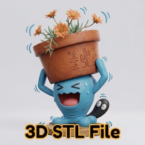 Könnte beinhalten: Eine blaue Cartoonfigur kämpft darum, einen braunen Blumentopf mit orangefarbenen Blumen zu halten. Der Topf hat ein Kaktus-Design. Der Text "3D STL File" steht unten. Die Figur hat einen schwarzen Schwanz und schwitzt.
