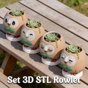 Op de afbeelding: Vier uilvormige bloempotten met vetplanten, gerangschikt op een houten oppervlak. De potten zijn bruin met witte, groene en bruine accenten. De tekst "Set 3D STL Rowlet" staat onderaan de afbeelding.