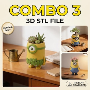 Peut inclure: Pot de fleurs jaune en forme de Minion avec des succulentes. L'image contient le texte "COMBO 3 3D STL FILE" et "BUNDLE DEAL". D'autres images montrent le pot avec un petit arbre et des fleurs.