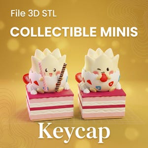 May include: Two collectible mini keycaps featuring a cartoon character emerging from an eggshell, atop a pink and white layered cake. One holds a pink and white striped stick, the other a chocolate stick. The text "COLLECTIBLE MINIS" and "Keycap" are displayed.