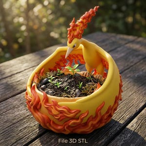 May include: A yellow and orange decorative planter shaped like a bird, with a small plant growing inside. The planter has a fiery design around the base and the bird has a flame-like crest. The text "File 3D STL" is at the bottom.