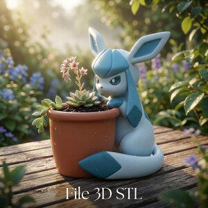 May include: A light blue and white creature figurine hugging a terracotta-colored plant pot containing a small succulent with pink flowers. The figurine has large pointed ears and a long tail. The text File 3D STL is printed at the bottom.