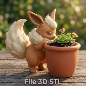 May include: A brown and cream-colored Eevee figurine leaning against a terracotta-colored plant pot containing a green succulent with small pink flowers. The text "File 3D STL" is printed in white at the bottom of the image.