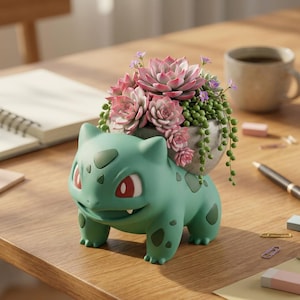 May include: A green Bulbasaur planter holding a concrete pot filled with pink succulents and trailing green plants. The Bulbasaur figure has red eyes and dark green spots. The planter sits on a wooden desk with a coffee cup and stationery.