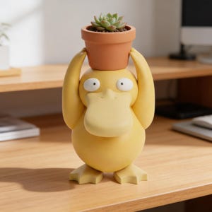 Pode incluir: Um vaso em forma de pato amarelo segurando um pequeno vaso de terracota com uma planta suculenta. O vaso tem um bico grande, olhos brancos e pés palmados. A suculenta é verde.