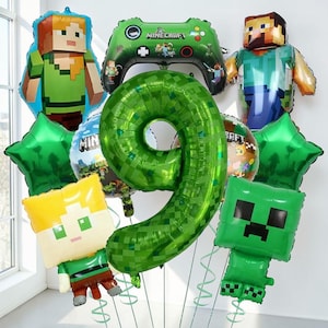 May include: A collection of Minecraft-themed foil balloons including a large green number nine, a game controller, character shapes of Alex and Steve, a square Creeper face, and round balloons, all featuring pixelated designs and vibrant colors.