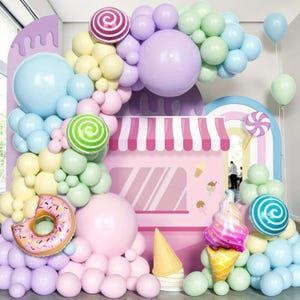 Kit de guirnalda de globos en tonos pastel de 151 piezas para decoración de cumpleaños con temática de dulces: rosa, azul, verde y helado.
