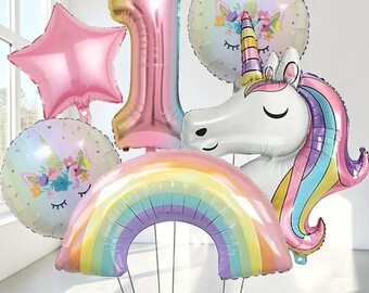 Conjunto de balões metalizados de unicórnio e arco-íris com números de 1 a 9 para decoração de chá de bebê e aniversário.