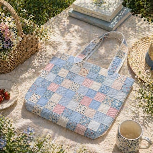 Könnte beinhalten: Eine Patchwork-Tragetasche mit einem Steppmuster in Blau-, Rosa- und Weißtönen. Die Tasche weist verschiedene Blumen-, Streifen- und Vichy-Muster auf. Die Tasche liegt auf einer hellen Oberfläche, mit einem Strohhut und einem Blumenkorb in der Nähe. Maße: ca. 35 cm x 35 cm.