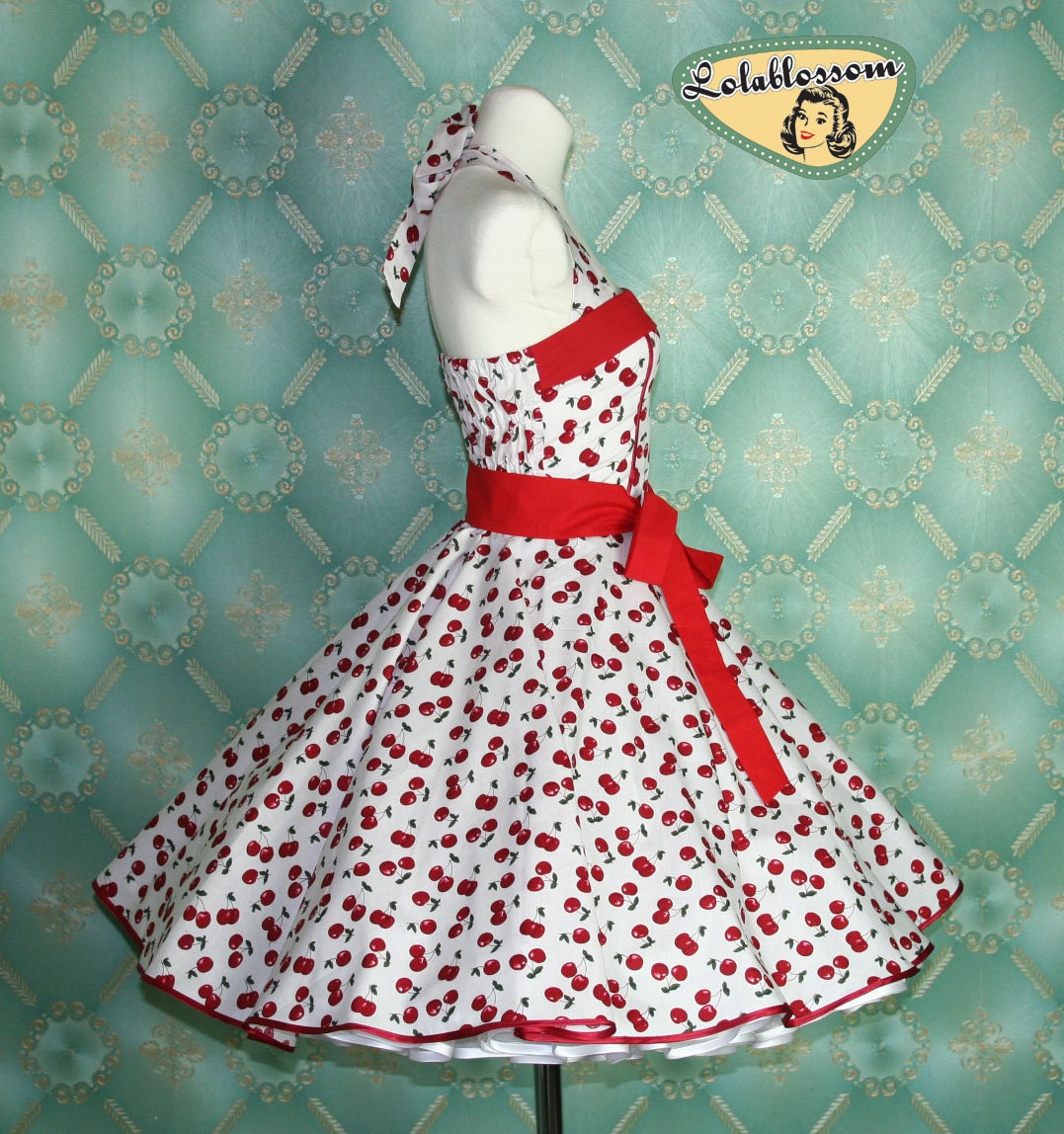 50's vintage dress full skirt white with red cherries | Etsy