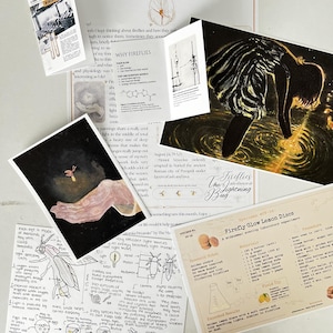 May include: A collection of educational papers and illustrations about fireflies, featuring a dark painting of a figure near water, a diagram of firefly anatomy, and a recipe card titled Firefly Glow Lemon Discs with printed text and sketches.