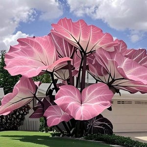 May include: A cluster of large, stylized pink leaves with prominent veining, set against a backdrop of a blue sky with fluffy clouds. The leaves are supported by dark stems, creating a striking contrast. The plant is in a garden setting.