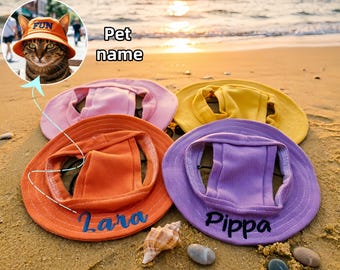 Sombrero tipo pescador personalizado para mascotas: nombre bordado a medida, sombrero ajustable para el sol para gatos y perros, gorra de pescador: un regalo ideal para amantes de las mascotas.