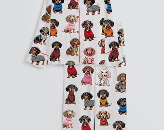 Cute Dachshund Satin Pajama Set, Wiener Dog Lover Sleepwear, l