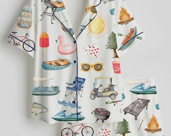 Women’s Lake Vacation Outdoor Camping Short & Long Sleeve Silky Satin Pajama Set