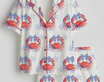 Satin Crab Pajama Set, Nautical Coastal Loungewear, Beach Vacation Sleepwear