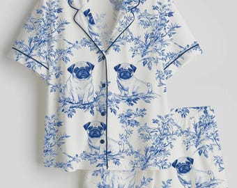 Pigiama in morbido raso da donna - Elegante abbigliamento da casa in stile francese - Regalo per gli amanti dei carlini