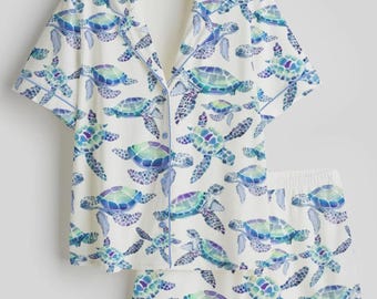 Sea Turtle Family Pajama Set, Matching Vacation Lounge Wear