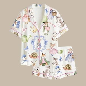 Woodland Animal Satin Pajama Set – Short Sleeve Button-Down Loungewear