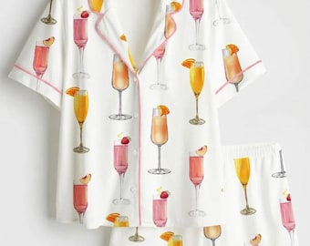 Satin Cocktail Print Pajama Set, Colorful Drinks Loungewear, Silky Summer PJs