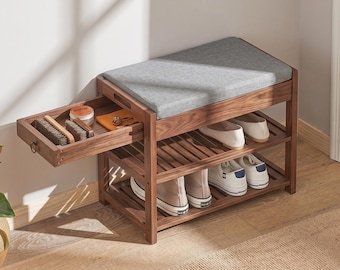 Wood Shoe Bench with Storage Drawer, Entryway Shoe Rack Bench Solid Wood, Shoe Storage Organizer with Cushion Seat, Hallway Bench Modern