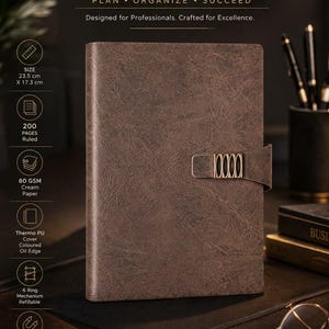 Peut inclure: Agenda exécutif de couleur camel avec fermeture à boucle magnétique. Le carnet mesure 23,5 cm x 17,3 cm et contient 200 pages lignées. Il comprend un mécanisme rechargeable à 6 anneaux et une couverture en PU thermique avec un bord huilé coloré. Le texte sur le carnet indique "AURA EXECUTIVE DIARY".